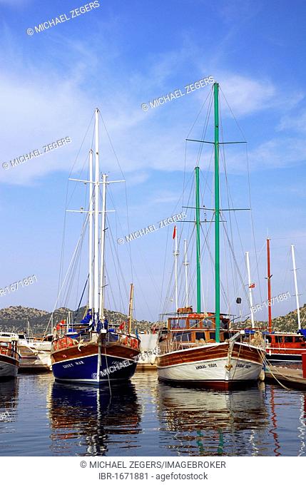 Boats in the harbor, Uecagiz, Kekova Bay, Lycian coast, Antalya Province, Mediterranean, Turkey, Eurasia