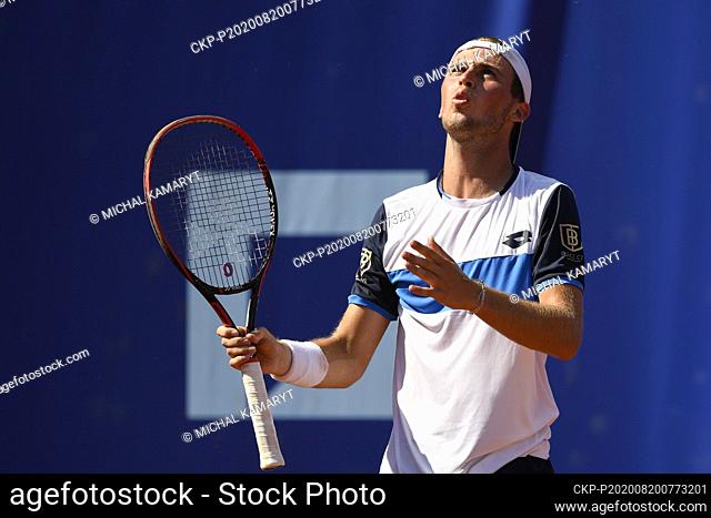 Michael Vrbensky of Czech Republic reacts during the I. CLTK Prague Open of the ATP Challenger Tour match against Elias Ymer of Sweden in Prague, Czech Republic