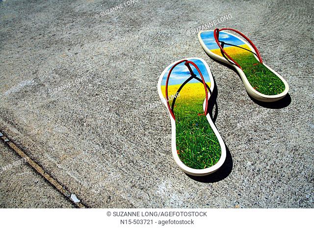 Ecological footprint: sandals depicting flowerfilled natural environment in highly urbanised concrete environment