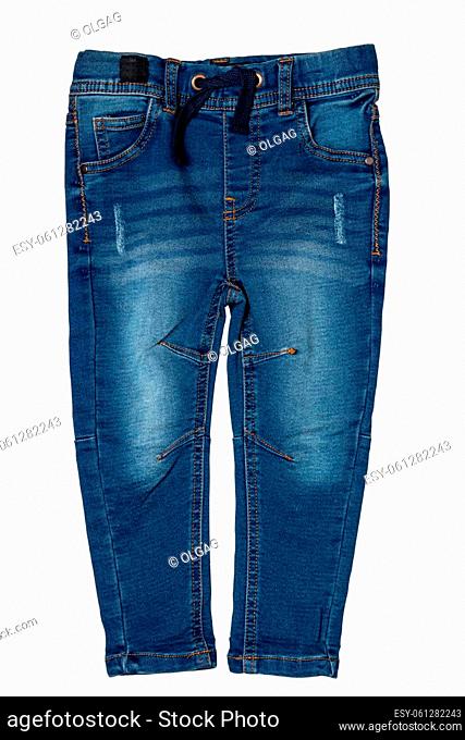 Blue jeans. Closeup of a trendy stylish dark blue denim pants or trousers for boys isolated on a white background. Clipping path