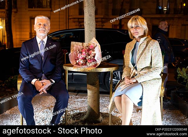 Czech President Petr Pavel and his wife Eva Pavlova unveiled the Vaclav Havel Bench in front of the Czech Embassy in Paris, France, on December 20, 2023