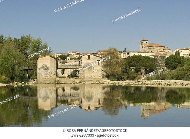 View of the town center of Zamora, aceñas, water mills over Duero River and Cathedral of San Salvador, Romanesque Style, XII Century, Province of Zamora