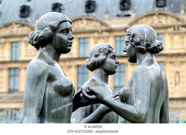 Paris - Bronze sculpture The Three Nymphs by Aristide Maillol in Tuileries garden