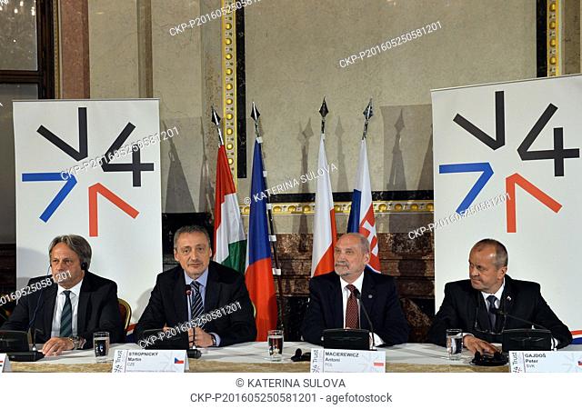 From left to right, Hungarian Defense Minister Tomas Vargha, Czech Defense Minister Martin Stropnicky, Polish Defense Minister Antoni Macierewicz and Slovak...