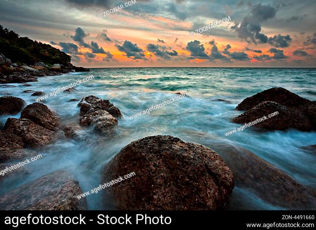 Tropical beach at sunset. Nature background