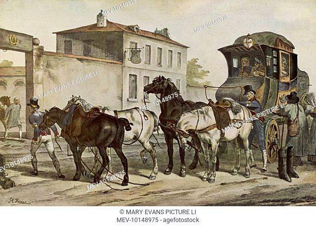 Changing horses on a French diligence outside a country inn
