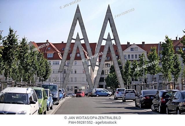 An oversized double M is seen in front of the entrance of the old fairground in Leipzig, Germany, 17 June 2015. The city of Leipzig celebrates 850 years of...