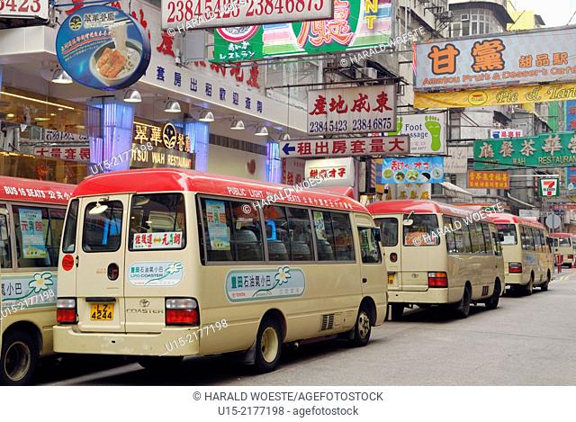 Hong Kong, China, Asia. Hong Kong Kowloon. Public transport by bus through Kowloon shopping area