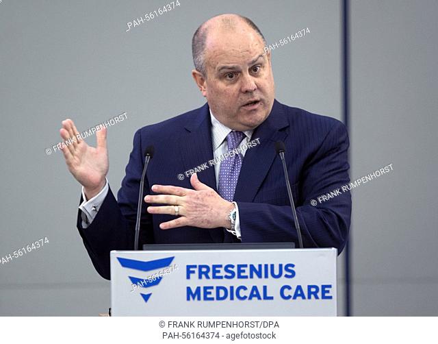 Chairman of the board of Fresenius Medical Care (FMC), Rice Powell, speaks during the joint balance press conference of Fresenius SE and parent company...