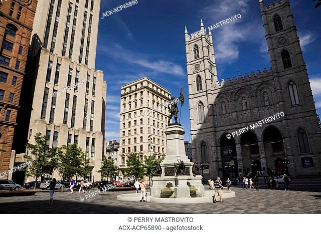 De Maisonneuve Monument facing Notre-Dame Basilica, Place d'Armes, Old Montreal, Quebec, Canada