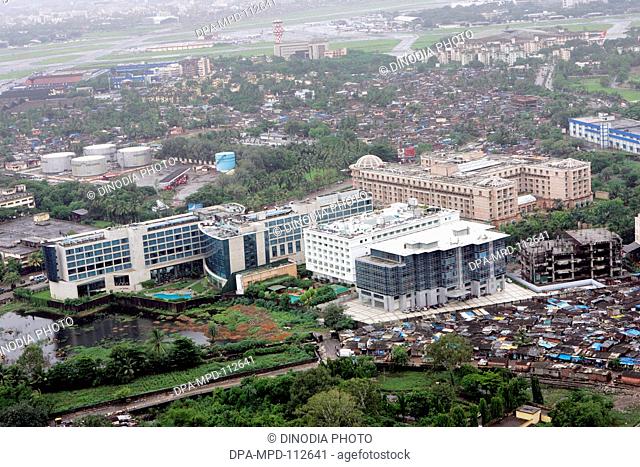An aerial view of five stars Hotel Grand Hyatt; Hotel La Meridian; Hotel ITC Grand Maratha near the Chhatrapati Shivaji Maharaj International Airport sahar on...