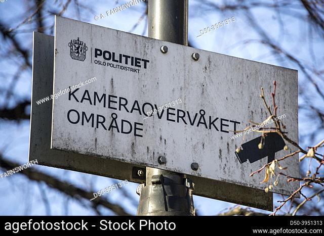 Oslo, Norway A sign in Norwegian in the park saying: ""Police, camera surveillance in the area. ""