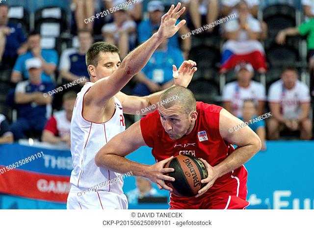 From left: Andrey Kanygin (RUS) and Jan Tomanec (CZE) in action during the Men's 3x3 Basketball Quarterfinal match Russia vs Czech Republic at the Baku 2015 1st...