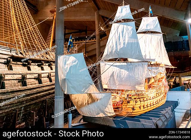 Stockholm, Sweden - 24 June, 2021: a rebuilt miniature model of the Vasa warship in the Vasa Museum in Stockholm