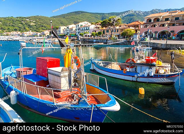 Fishing boats moored in the harbour, Marciana Marina, Elba Island