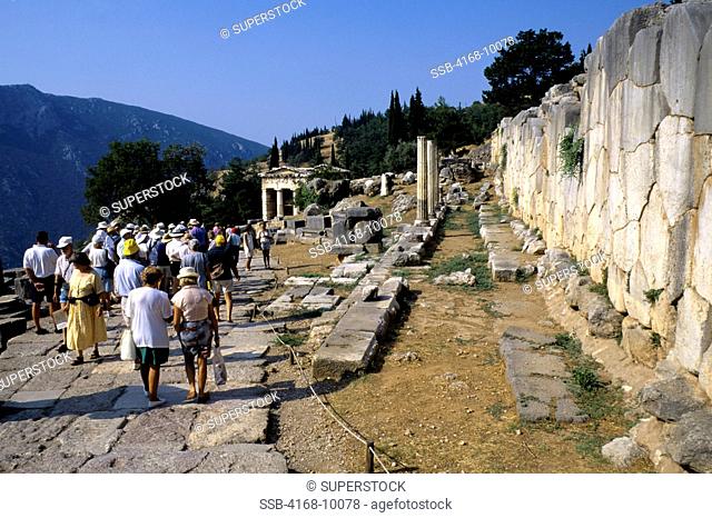 Greece, Delphi, Sanctuary Of Apollo, Sacred Way, Tourists