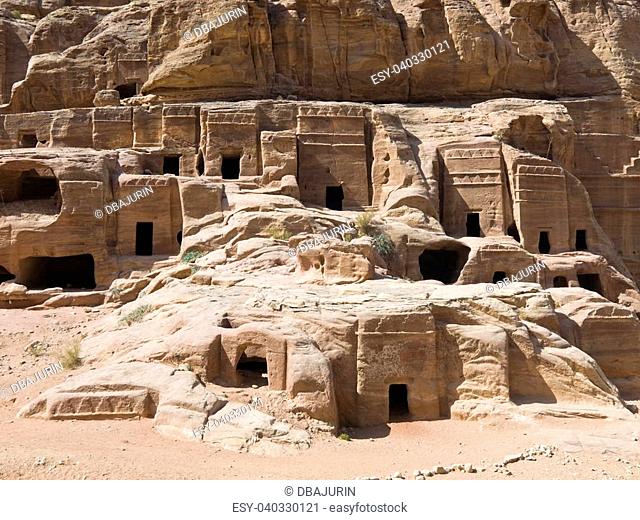 Small tombs in Petra (Street of Facades part) - Nabataeans capital city (Al Khazneh) , Jordan. Made by digging a holes in the rocks