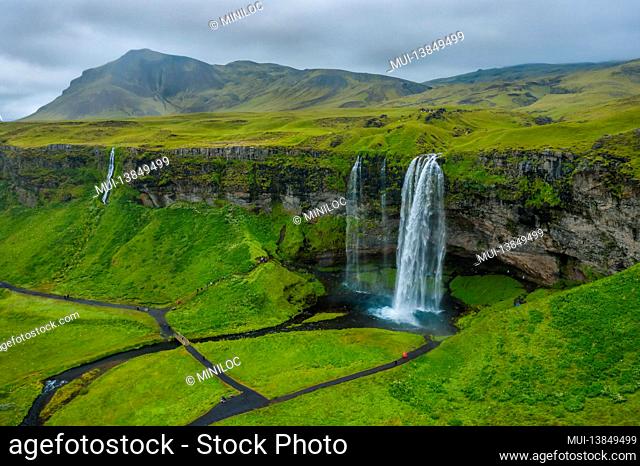 Aerial view of Seljalandsfoss - most famous best known and visited waterfalls in Iceland