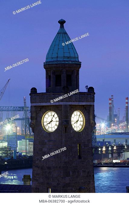 Pegelturm at the St. Pauli Piers with view to the harbour, Hamburg, Germany
