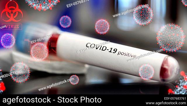 beaker with coronavirus blood test at laboratory
