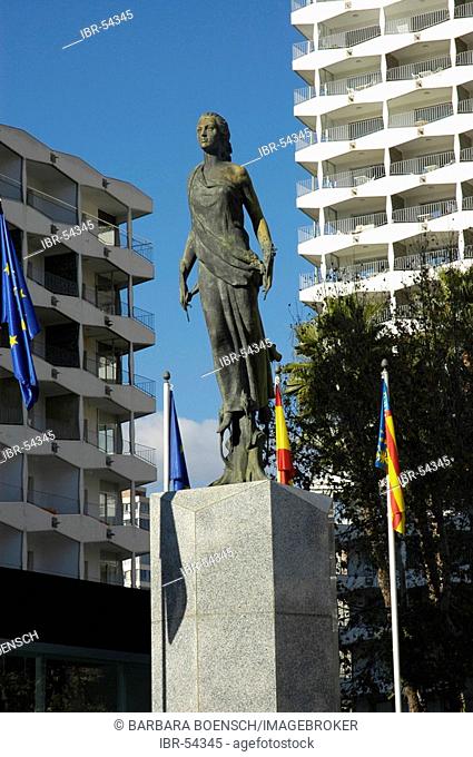 Sculpture and flags at the European square, Benidorm, Costa Blanca, Spain