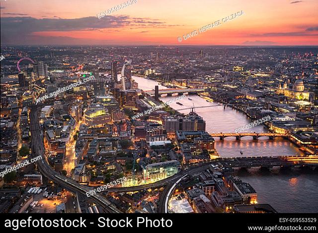 Aerial view of London skyline at sunset, United Kingdom