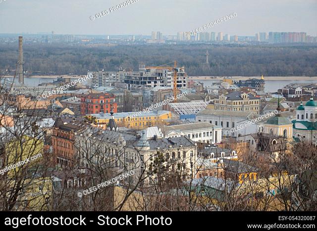 KIEV, UKRAINE - FEBRUARY 16, 2020: Panorama of the city and architecture of the Podil