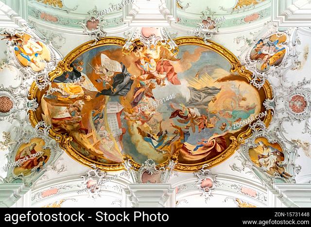 Isny, BW / Germany - 24 June 2020: interior view of the intricate ceiling murals in the St. Georg and Jakobus church in Isny in southern Germany