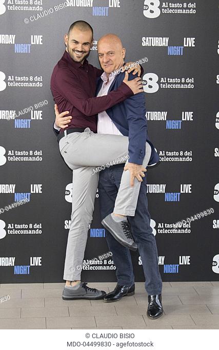 Italian tv host Claudio Bisio with actor Mirko Darar at Saturday Night Live tv show photocall. Milano, April 6th 2018