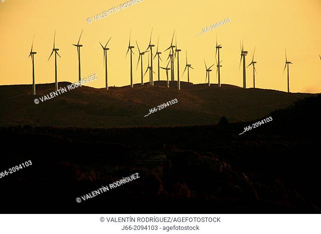 wind turbine at sunset in the Maestrazgo, near Morella. Castellón