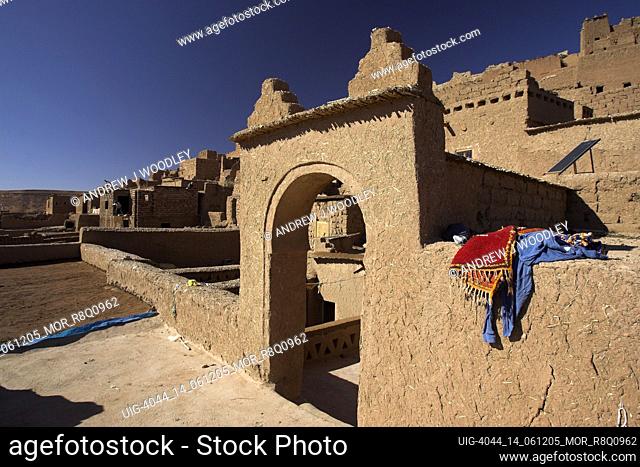 Mudbrick ramparts and walls of old Ait Benhaddou kasbah Morocco