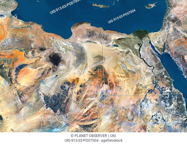 Satellite view of Libya and Egypt (with country boundaries). This image was compiled from data acquired in 2014 by Landsat 8 satellite