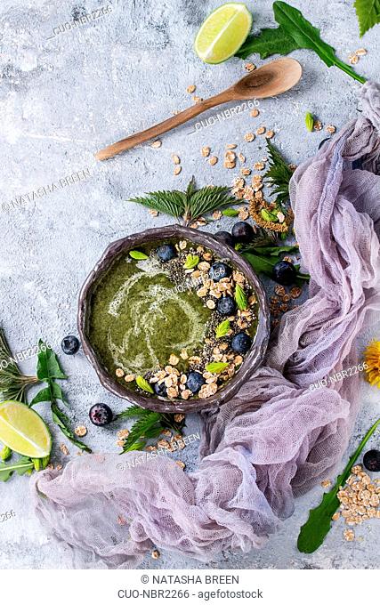 Spring green nettle and dandelion smoothie bowl served with lime, yellow flowers, young leaves, oat flakes, chia seeds, blueberries