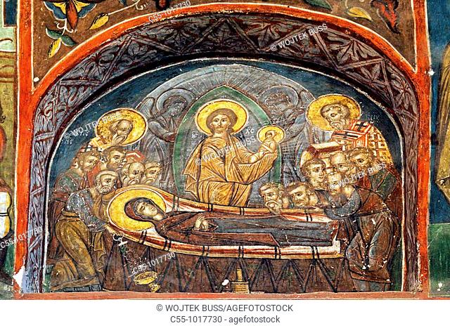 Romania, Moldavia Region, Southern Bucovina, Humor Monastery, interior, Frescos, wall paintings, biblical scenes
