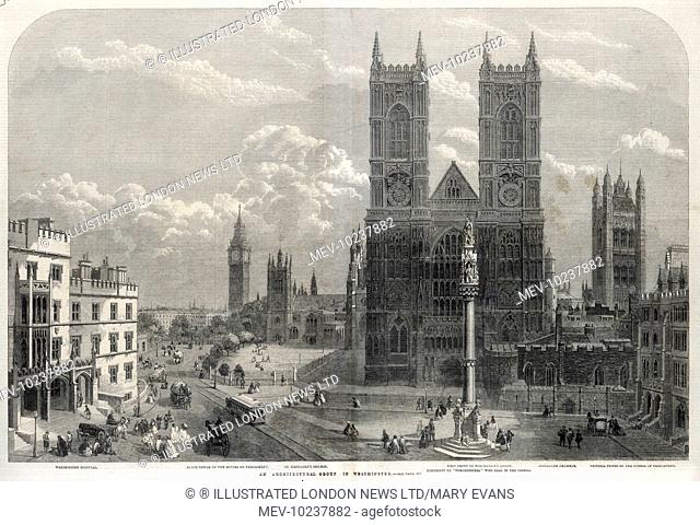 A London vista, with a horse-drawn tram and carriages, and several buildings of note including Westminster Hospital, Big Ben, Parliament Square
