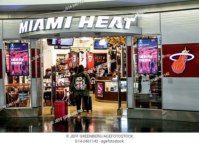 Florida, Miami, International Airport, MIA, inside, terminal, concourse, gate area, shopping, front, entrance, display, sale, Miami Heat store, sports