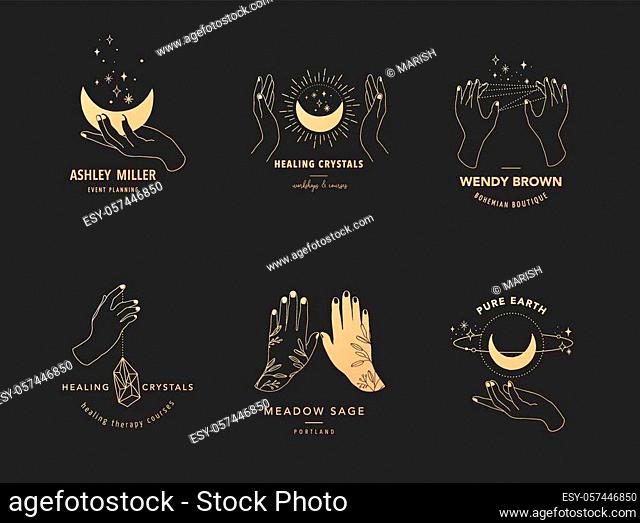 Collection of fine, hand drawn style logos and icons of hands. Esoteric, fashion, skin care and wedding concept illustrations. Vecor design templates