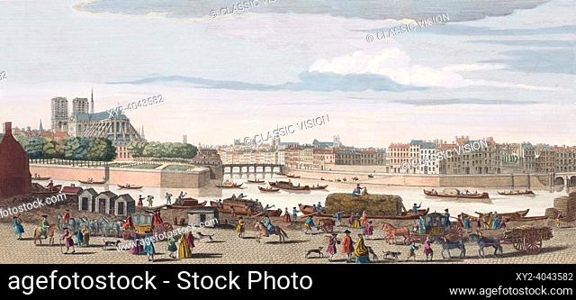 A view of Paris seen from the Quai de Miramion along the Seine to Notre Dame cathedral and the Pont de la Tournelle. From a print dated 1749 by Nathaniel Parr...