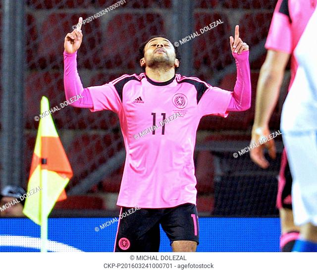 Ikechi Anya of Scotland celebrate a goal during the friendly soccer match Czech Republic vs Scotland in Prague, Czech Republic, Thursday, March 24, 2016