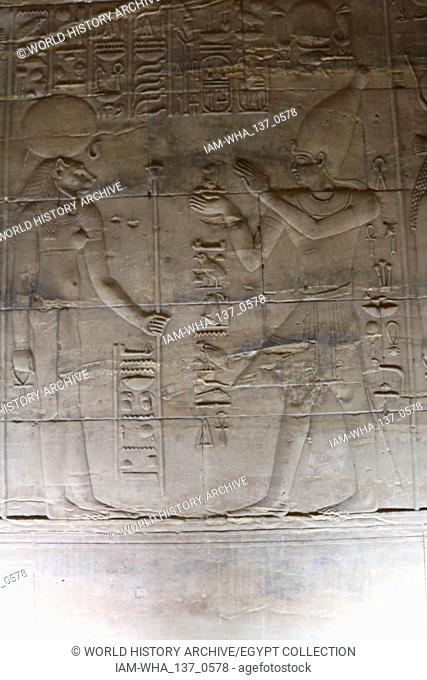 Relief from the Temple of Philae set on an island in the reservoir of the Aswan Low Dam, downstream of the Aswan Dam and Lake Nasser, Egypt