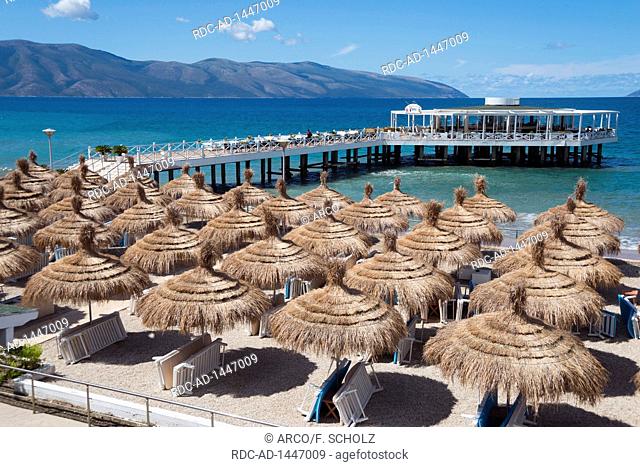 Beach and bar, Uji i Ftohte near Vlora, Riviera, Ionian Sea, Albania