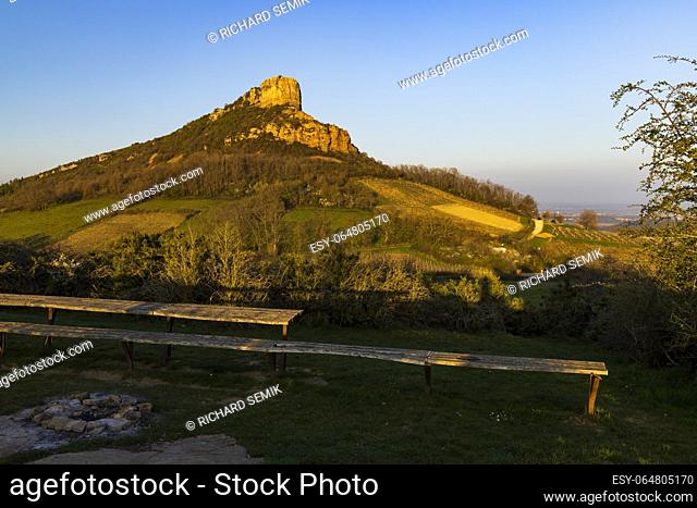 Rock of Solutre with vineyards, Burgundy, Solutre-Pouilly, France