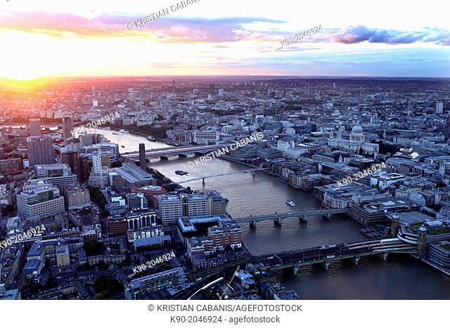 Aerial view of London at sunset, England, Great Britain, United Kingdom, Europe