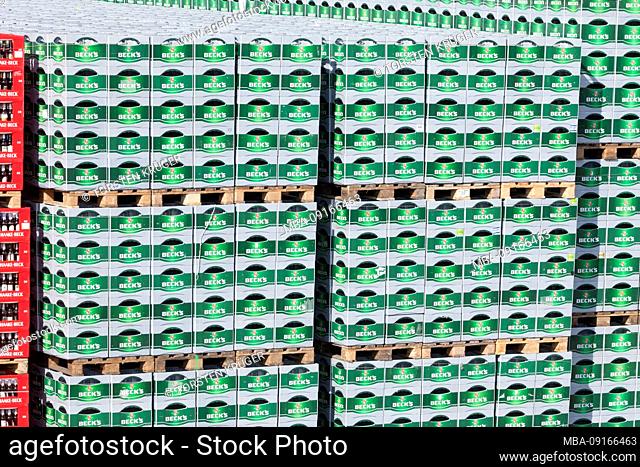 Stacked green Becks beer crates, Brewery Beck GmbH & Co. KG, Bremen, Germany, Europe