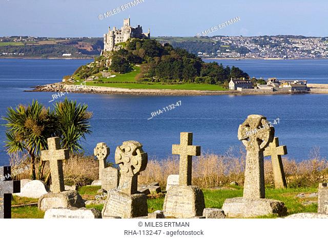 Cemetery with St. Michael's Mount in the background, Cornwall, England, United Kingdom, Europe