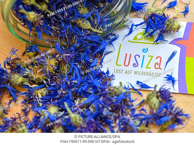 11 June 2019, Brandenburg, Jänschwalde: The logo of the company Lusiza GmbH, by Undine Janetzky, can be seen next to a glass full of dried cornflowers