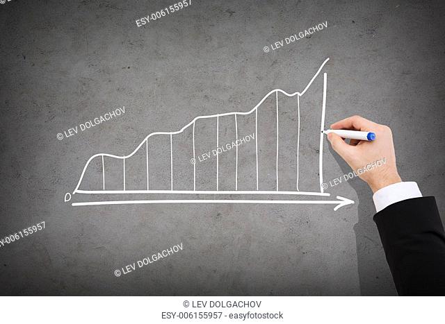 business and economics concept - close up of businessman drawing growing graph on concrete wall