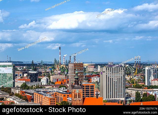 Aerial view from belltower of st. Mary's Basilica for shipyard district of Gdansk