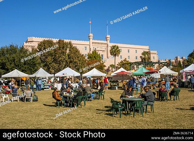The picnic area of the Saturday farmers market on the Marion Square in Charleston in South Carolina, USA