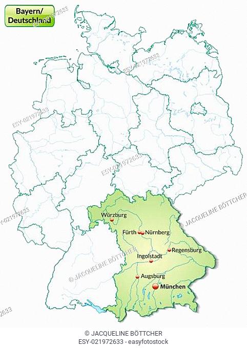 Karte von Bayern mit Hauptstädten in Pastellgrün